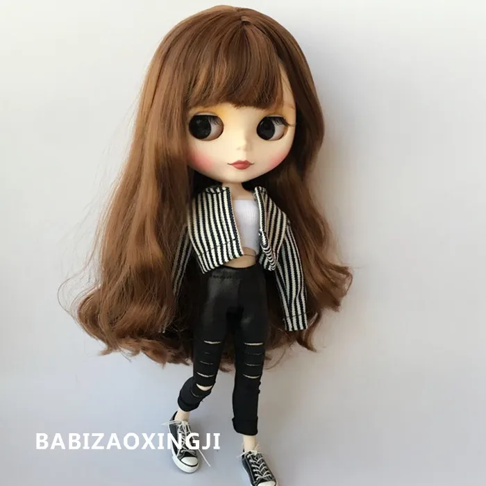 

1/6 Fashion blyth doll clothing striped pu coat + white chest wrap+gloss pants suit for blyth 30cm doll accessories
