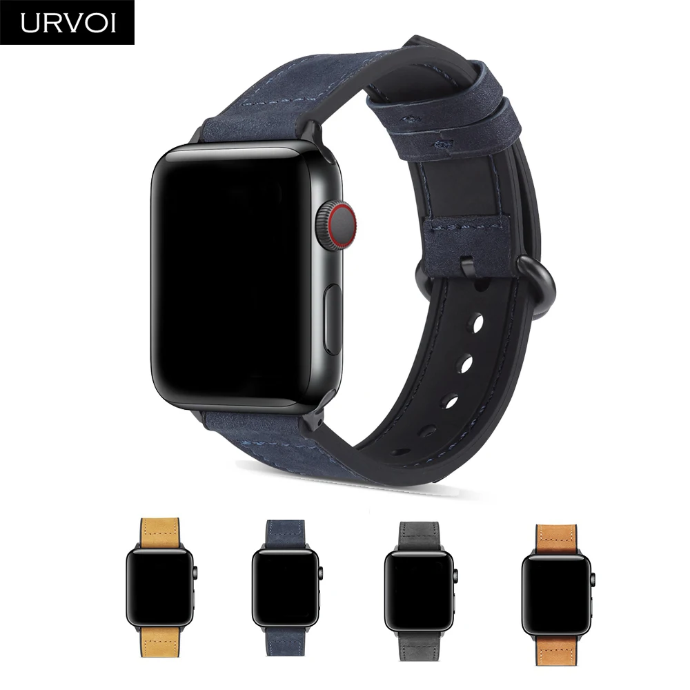 

URVOI band for apple watch series 4/3/2/1 matte soft cuff leather strap for iwatch confortable durable black buckle 40 44mm