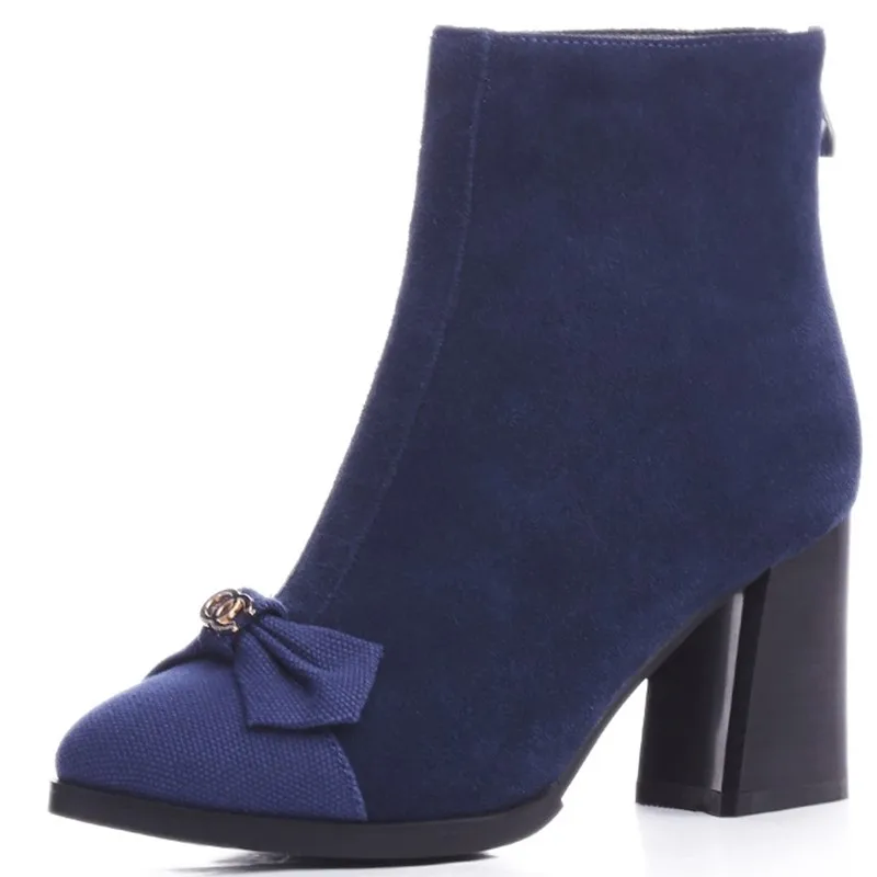 

Bowtie Spring/Autumn Ankle boots full grain leather heel height 7.5cm Nubuck Leather Pointed Toe Hoof Heels