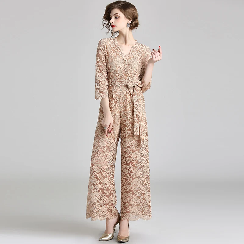 Designer Runway Wide Leg Jumpsuits Women Chic Lace Up Sexy Lace Rompers Loose Casual Long Pants Suits Woman Jumpsuit Maxi Khaki