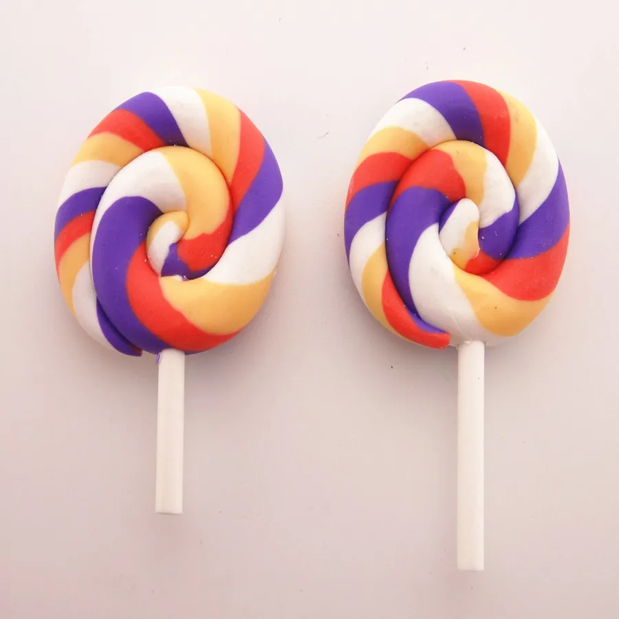 10pcs/lot 28*42MM Kawaii Soft Clay Rainbow Lollipop Cabochons Handmade Resin Material DIY Hair Bow Decorative
