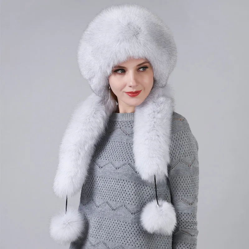 Sombrero de invierno de mujer con piel de zorro Natural Real longitud Extra se puede utilizar como bufanda con colgante cadena en las tapas traseras - 5