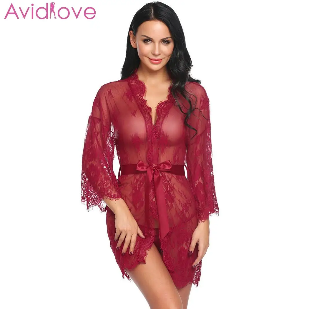 Avidlove Women Costumes Sexy Lingerie Lace Erotic Babydoll Sexy Underwear Belt Robe Transparent Dressing with G-string Lace Mesh