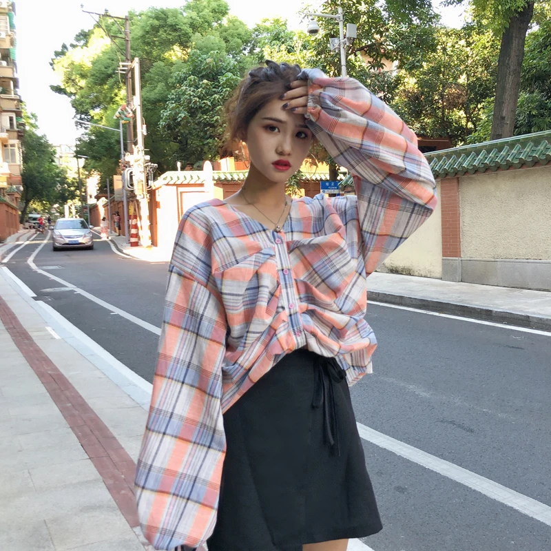 Koop Lychee Meisjes Plaid Knop Lange Blouse Diepe V hals Lange Lantaarn Mouwen Vrouwelijke Overhemd Lente Herfst Preppy Stijl Losse Zoete shirts