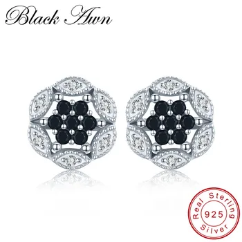 

[BLACK AWN] 100% 925 Sterling Silver Jewelry Classic Flower Black Spinel Charm Stud Earrings for Women Silver 925 Jewelry T188