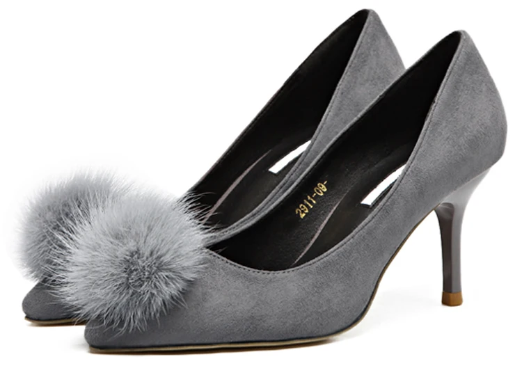 LALA IKAI Fur Pompon Decoration Women's Heels 2017 Fashion Flock 2017 Women's Pumps Wedding Shoes 040C0922-4 (1)