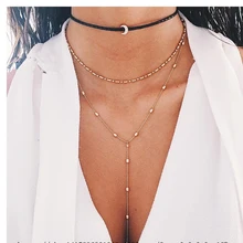 RscvonM горячее крупное ожерелье-чокер с подвесками наборы для женщин Кожа обертывание и металл мульти цепь Луна Чокеры кулон с полумесяцем для женщин