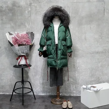 

Women's Winter Duck Down Jacket 2018 Real Raccoon Fur Collar Hooded Long Jacket Coats Thicken Warm Natural Fur Parka Outerwear