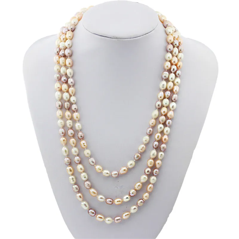 

SNH A grade 152cm 7-8mm rice shape natural freshwater pearl necklace free shipping