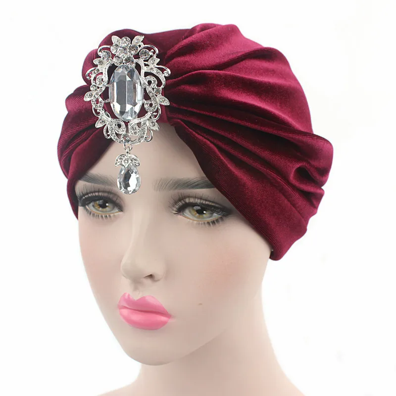 

Helisopus Velvet Pendant Brooch Turban Elegant Cap Fashion Hair Accessories Women Headband Hair Loss Bandana Muslim Head Wrap