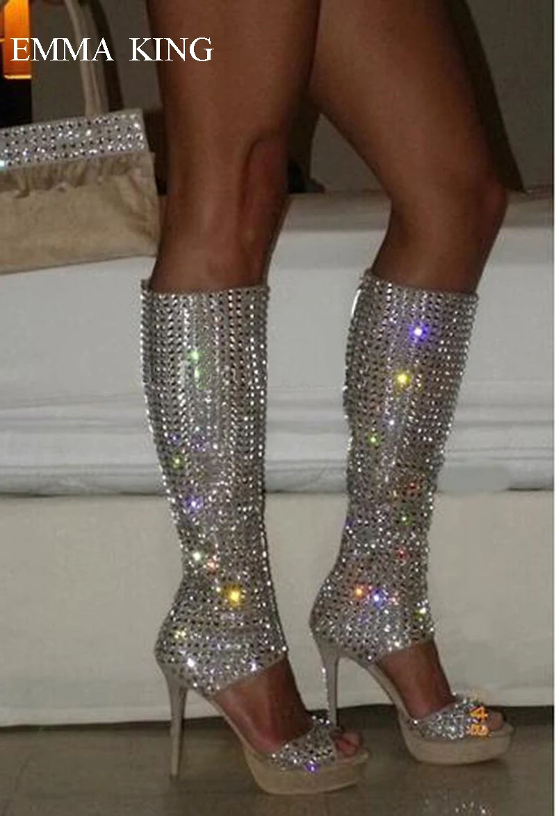 Luxurry Bling Rhinestone Platform Shoes Woman Gladiator Sandals Design Cut out Open Toe Knee 