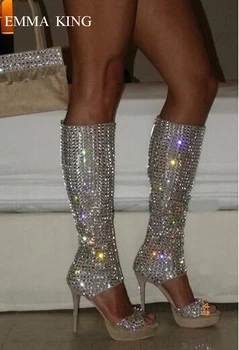 

Luxurry Bling Rhinestone Platform Shoes Woman Gladiator Sandals Design Cut-out Open Toe Knee High Boots Shoes Crystal High Heels