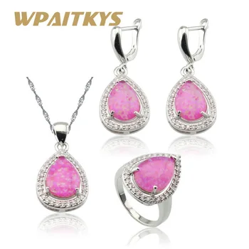 

Opal Silver Color Jewelry Sets For Women Water Drop Red Blue White 3 Color Available Necklace Pendant Earrings Rings Gift Box