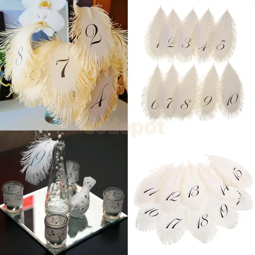 

1-10/10-20 Numbers Feather Linen Paper Number Cards Wedding Table Place Cards for Flower Arrangement Table Centerpieces