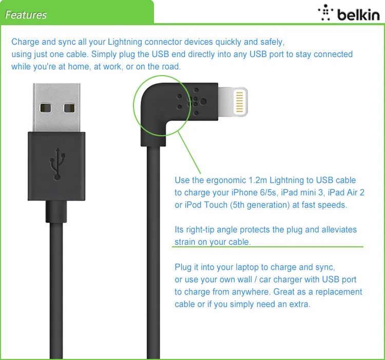 Belkin оригинальный MFi Сертифицированный 8 pin 90 градусов для Lightning на USB кабель