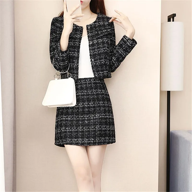 

CBAFU runway two piece set tweed skirt suit women short wool jacket basic coat outwear high waist mini skirt women suits N828
