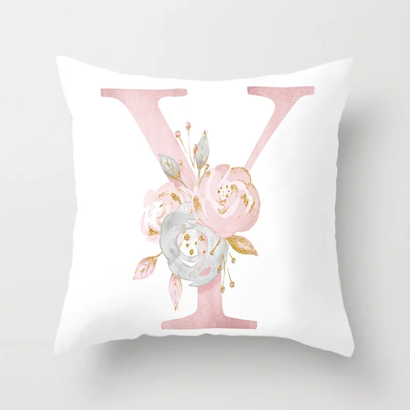 Pink Flower Printed English Alphabet Cushion Cover
