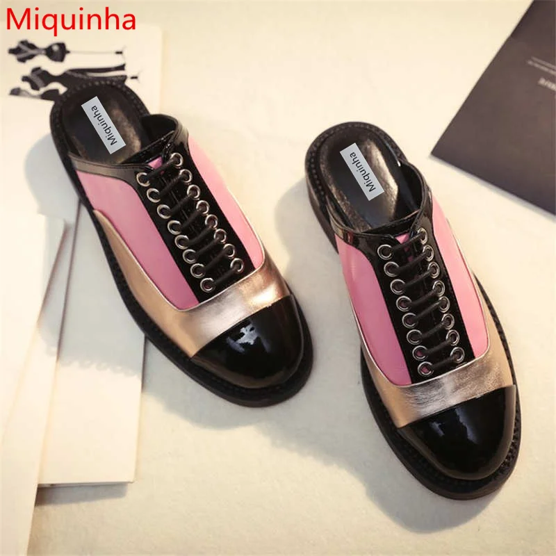 

Miquinha Metallic Color Women Lace Up Decor Butterfly Knot Stylish Style Lady Slipper Street Style Round Toe Super Star Shoes