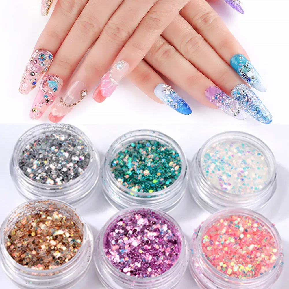 

6 Boxes Laser Mixed Nail Art Sequins Glitters Set Charm 3D Nail Powder Paillette Flakes DIY Nail Decorations D1354