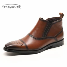 Men winter Boots Genuine cow leather chelsea boots brogue casual ankle flat shoes Comfortable quality soft brown black 2019