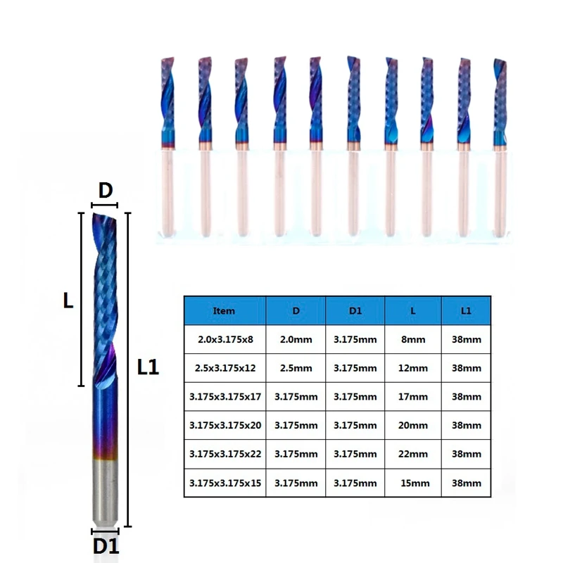 10 шт. хвостовик с синим покрытием Одиночная зубая с ЧПУ Фрезер карбида вольфрама спиральный концевой Фрезер, фрезерный станок, режущий