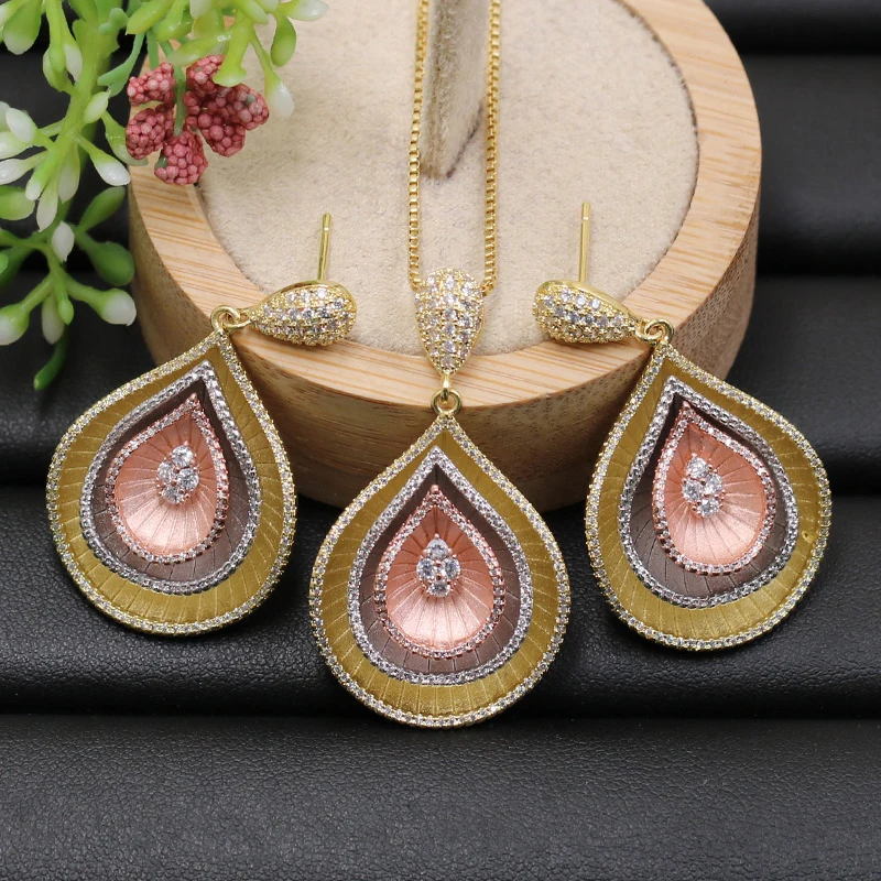 

Lanyika Jewelry Set Luxury Colorful Water Drop Layer Zircon Inlay Sandblasting Necklace with Earrings Wedding Trendy Best Gift