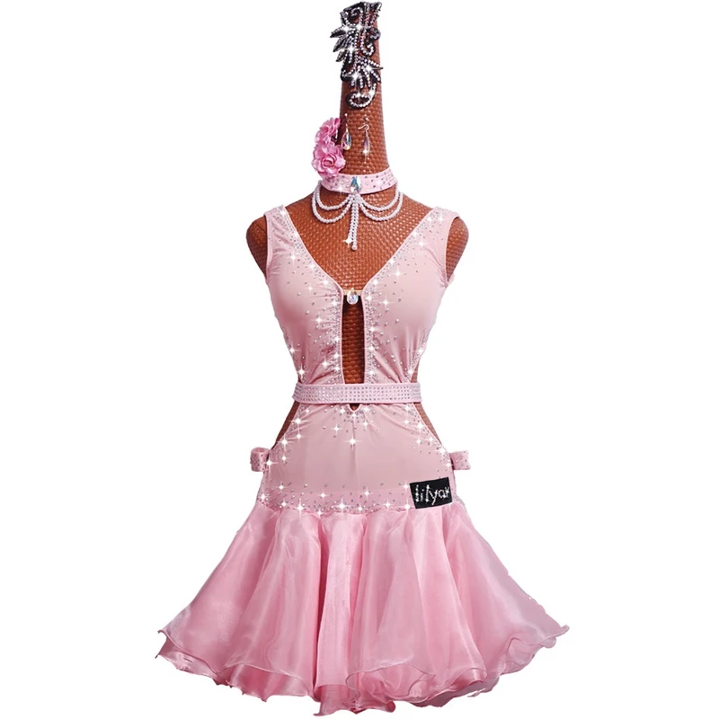 

Rhinestones Latin Dance Dress with Accessories Women Rumba Samba Dancing Skirt Lady Elegant Pink Latin Competition Dance Dresses