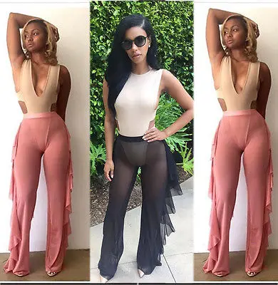 2017 New Women Bathing Mesh See Through Ruffle High Waist Summer Hot Loose Swimwear Long Wide Leg Pant Trousers Beachwear Capris 2017 New Women Bathing Mesh See Through Ruffle High Waist Summer Hot Loose Swimwear Long Wide Leg Pant Trousers Beachwear Capris