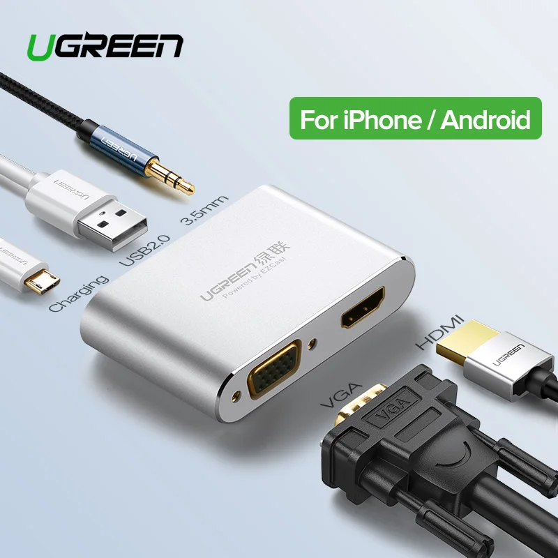 Ugreen 3 в 1 звуковая карта USB к HDMI VGA + видео конвертер Цифровой AV адаптер для iPhone 8 7 plus 6 S iPad для samsung