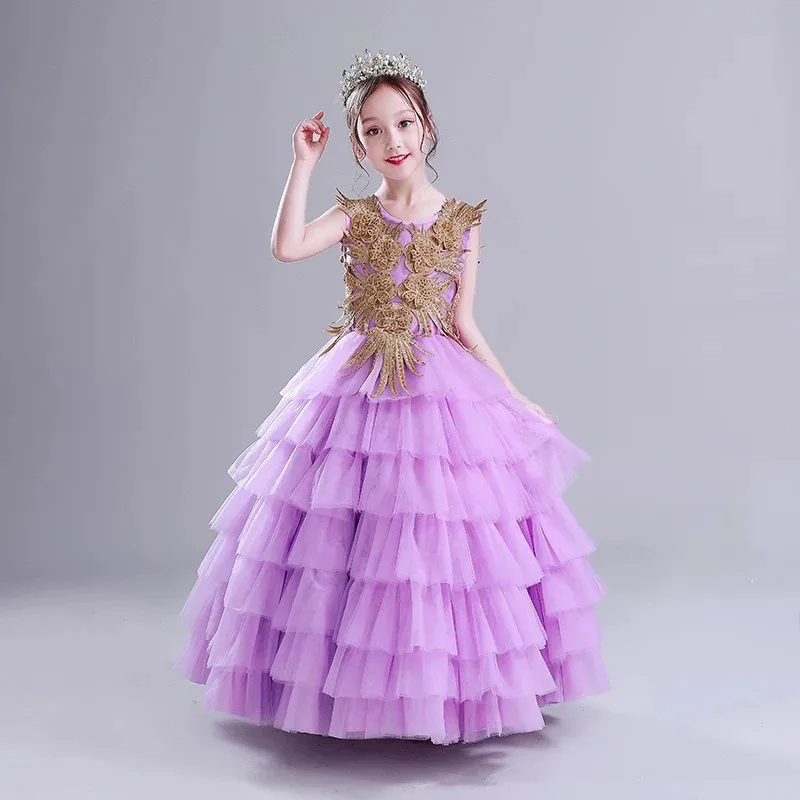 Children Girls Luxury O-neck Layered Dress For Birthday Party Teens Model Show Catwalk Long Princess Mesh Dress Evening Dress