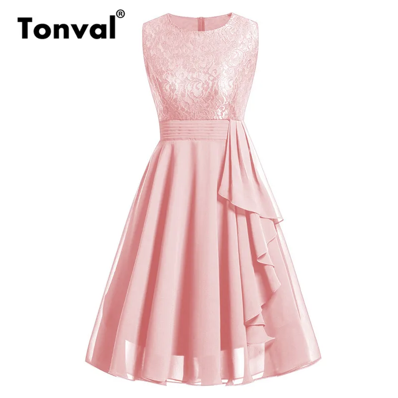 Tonval винтажное кружевное контрастное шифоновое платье с рюшами с баской бордовые офисные платья женское элегантное платье трапециевидной формы - Цвет: Розовый