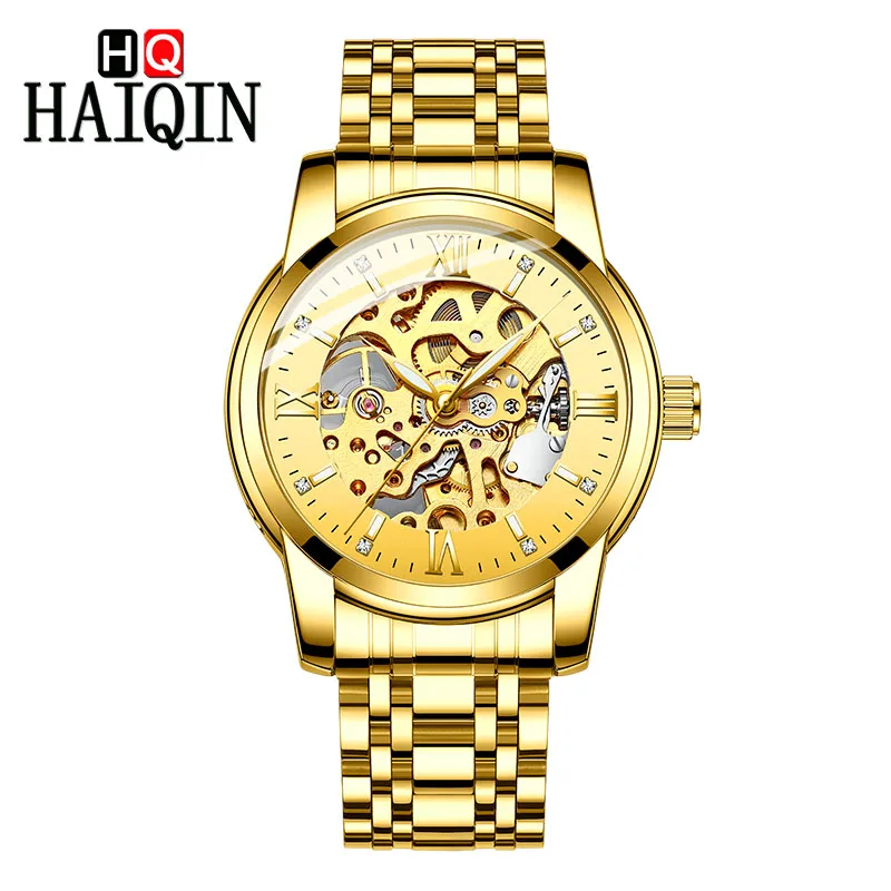 HAIQIN автоматические тонкие механические часы мужские роскошные деловые наручные часы водонепроницаемые часы из нержавеющей стали Relogio Masculino - Цвет: Full Gold