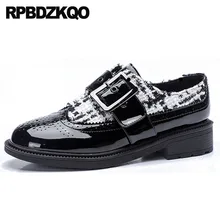 Низкий каблук плед металл грубый башмак марочный женская обувь оксфорды дизайнер Круглый носок Японский дам лакированная кожа черное и белое европейская весенняя осень отправка капель последние красивая Мода