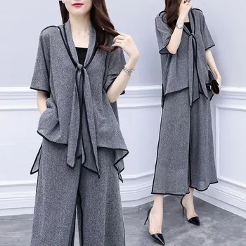 

Plus Size Fashion Women Sets Femme Clothes Short Female Elegant Loose Two-Piece Set Wide Leg Pant Suits