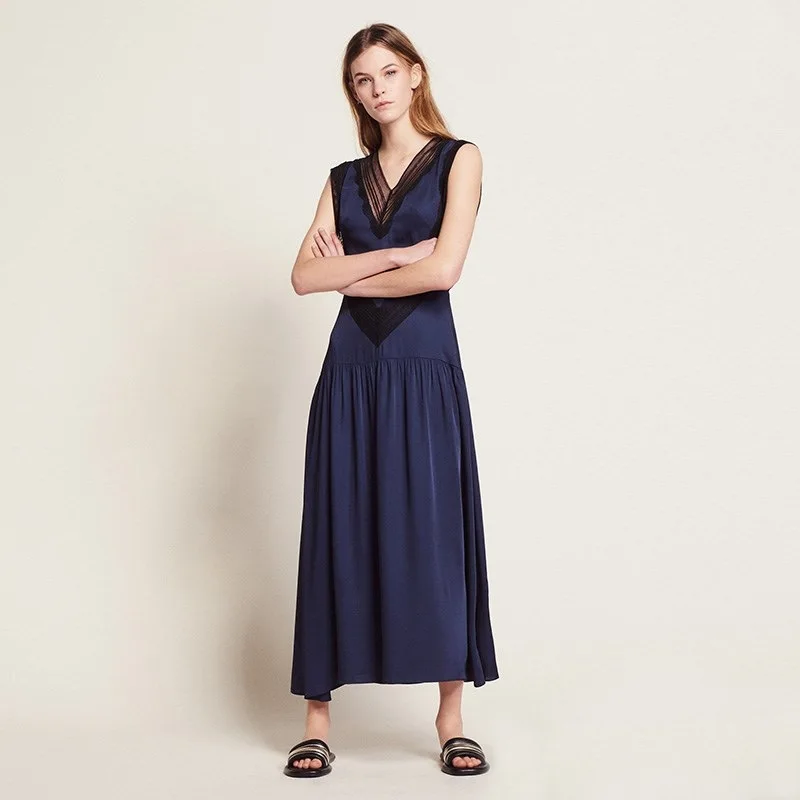 

Women Blue Long Dress Sleeveless Lace V Neck Dress 2019 New Spring Summer