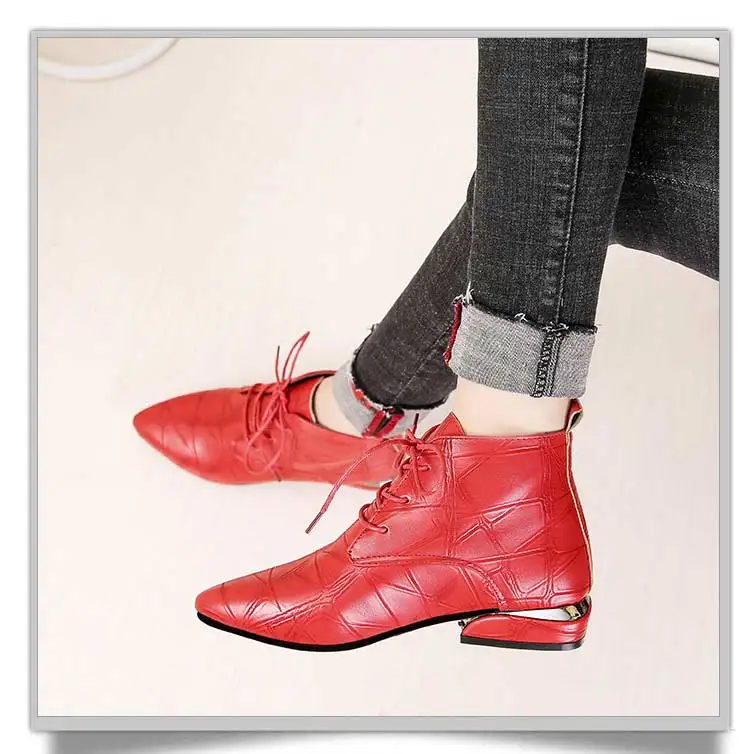 Shoes women boots 2019 fashion solid lace-up PU leather ankle boots women shoes square heel boots women sneakers casual shoes (6)