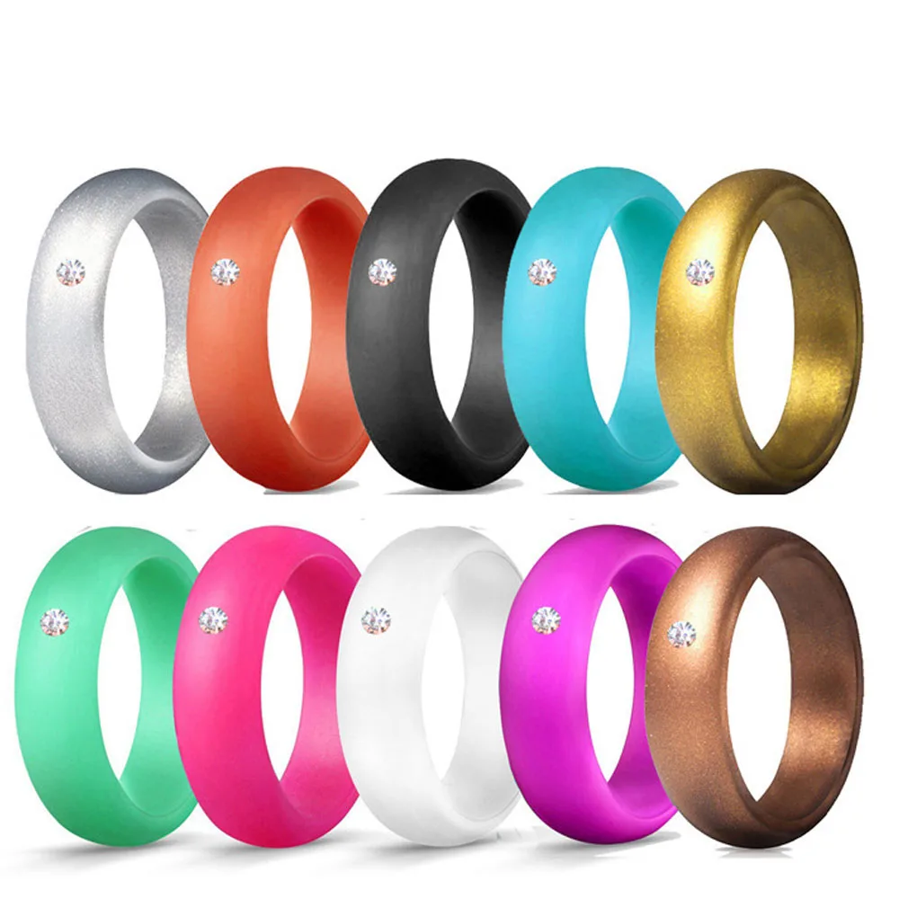 

10pcs/set 5.7mm Food Grade FDA Silicone Ring Hypoallergenic Crossfit Flexible Silicone Finger Rings With Rhinestone For Women