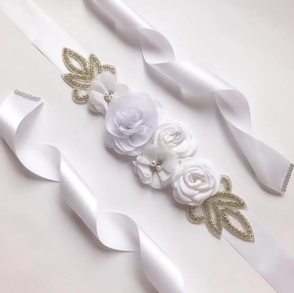 JaneVini Жемчуг Свадебные ремни со стразами с кристаллами атласные цветы подружки невесты женские свадебные Ремни лента из бисера Пояс - Цвет: Pure White