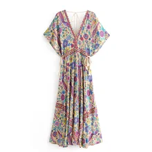GYPSY Boho Chic Summer Beach Vintage Bird Floral Print Pleated Long Dresses Fashion V Neck Lace Up Tassel Dresses Femme Vestidos