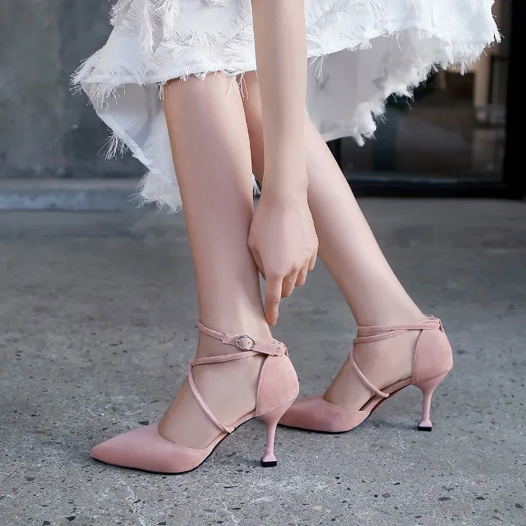 

BigSize 9 10 11 12 high heels sandals women shoes woman summer ladies Slim-heeled sandals with pointed cross straps and buckles