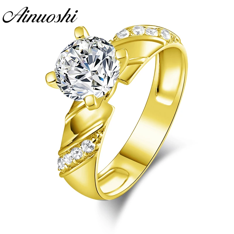 

AINUOSHI Trendy 14K Solid Yellow Gold Round Ring Stripe Pattern Band 4 Prongs 1.25 CT SONA Diamond Wedding Engagement Women Ring
