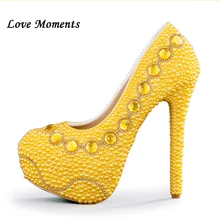 Love Moments/Новое поступление; желтые свадебные туфли; свадебные туфли ручной работы; вечерние туфли с золотыми жемчужинами; каблук 8 см/11 см/14 см; большие размеры