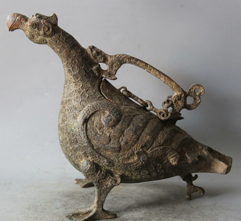 

150610 S1237 11" Archaic Chinese Dynasty Palace Bronze Handle Bird poll parrot Statue Zun