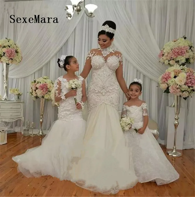

New for Girl Long Sleeve Flower Girl Dresses Mermaid Applique O Neck Communion Dress Custom Made Gown Custom Made Size