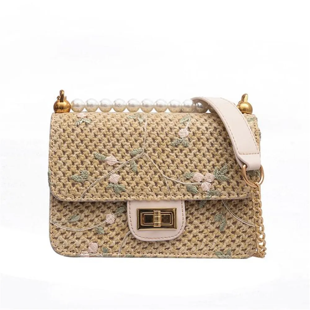 

Fashion Women's Shoulder Bags PU Fur Weaving Stitching Pearl Chain Straw Bag Summer New Small Fragrance Wild ladies Shoulder Bag