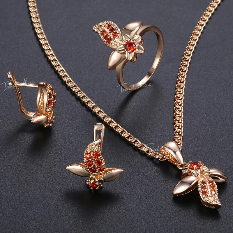 

Womens Jewelry Set Leaf Earrings Ring Pendant Necklace Set 585 Rose Gold Filled paved CZ Red Cubic Zirconia GE119