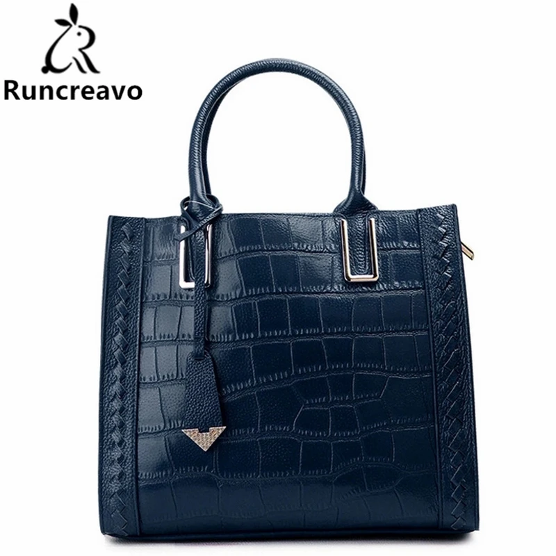 

Runcreavo Genuine Leather Bag Handbags Women Luxury Designer Alligator real leather bag ladies Women Messenger Bag Shoulder Bags