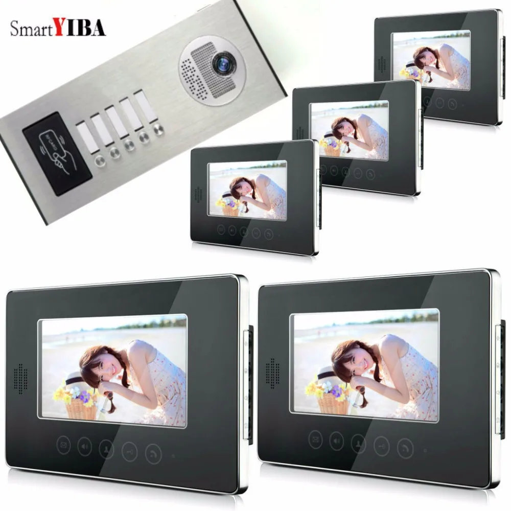 

SmartYIBA 7" Screen Video Intercom Apartment Door Phone System 5 Monitors RFID Access Door Camera for 5 House FREE SHIPPIN