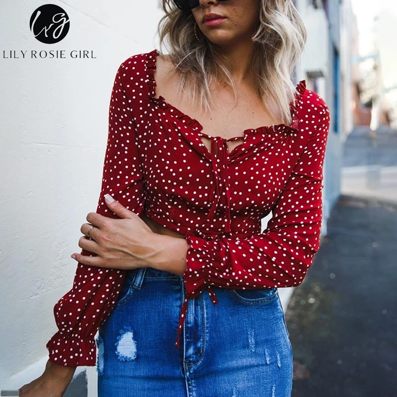 Vente Lily Rosie Fille Manches Longues Chemisier Décontracté Chemise Col Carré Courte Féminine Chemisier À Épaules Dénudées À Pois Culture Lacets Boho chemisier