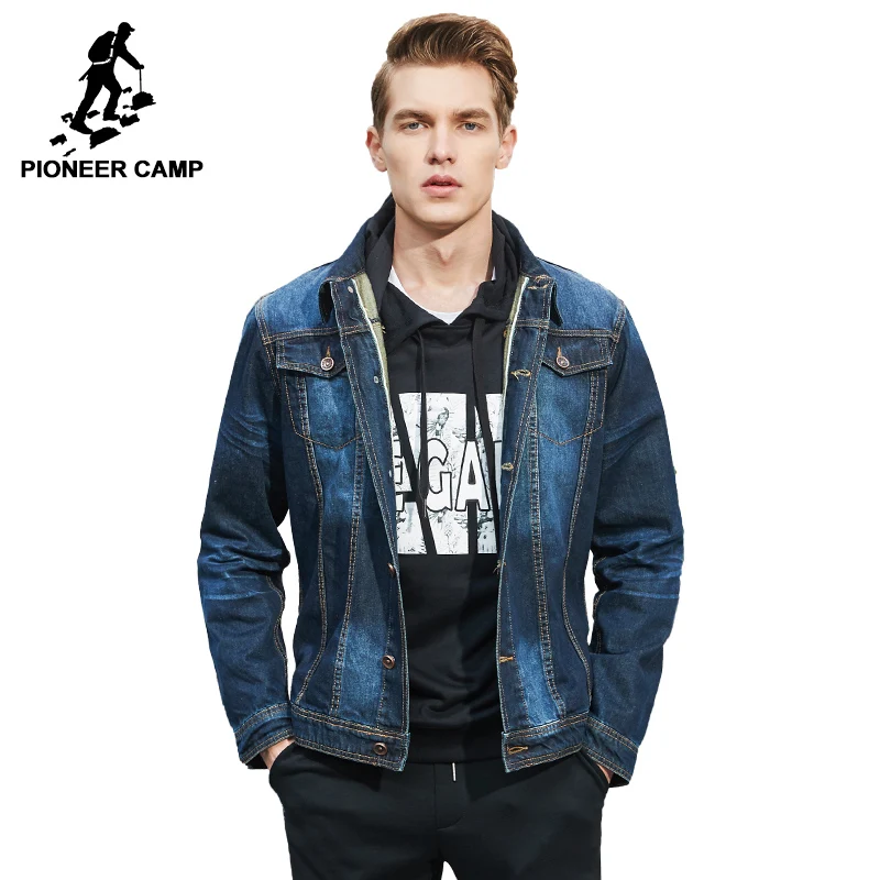

Pioneer Camp men denim jacket brand clothing 100%cotton casual mens jean jacket dark blue solid coat male Spring Spring 566351